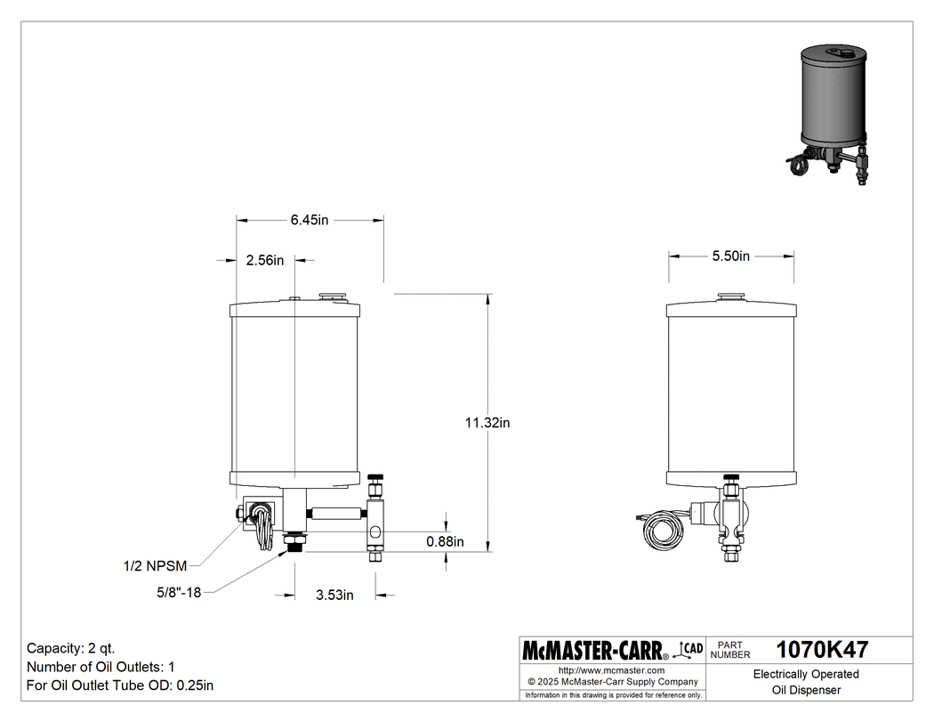 Technical Drawing of Electrically Operated Oil Dispenser, with Flow-Adjustment Valve, 64 oz. Capacity, 24V DC.